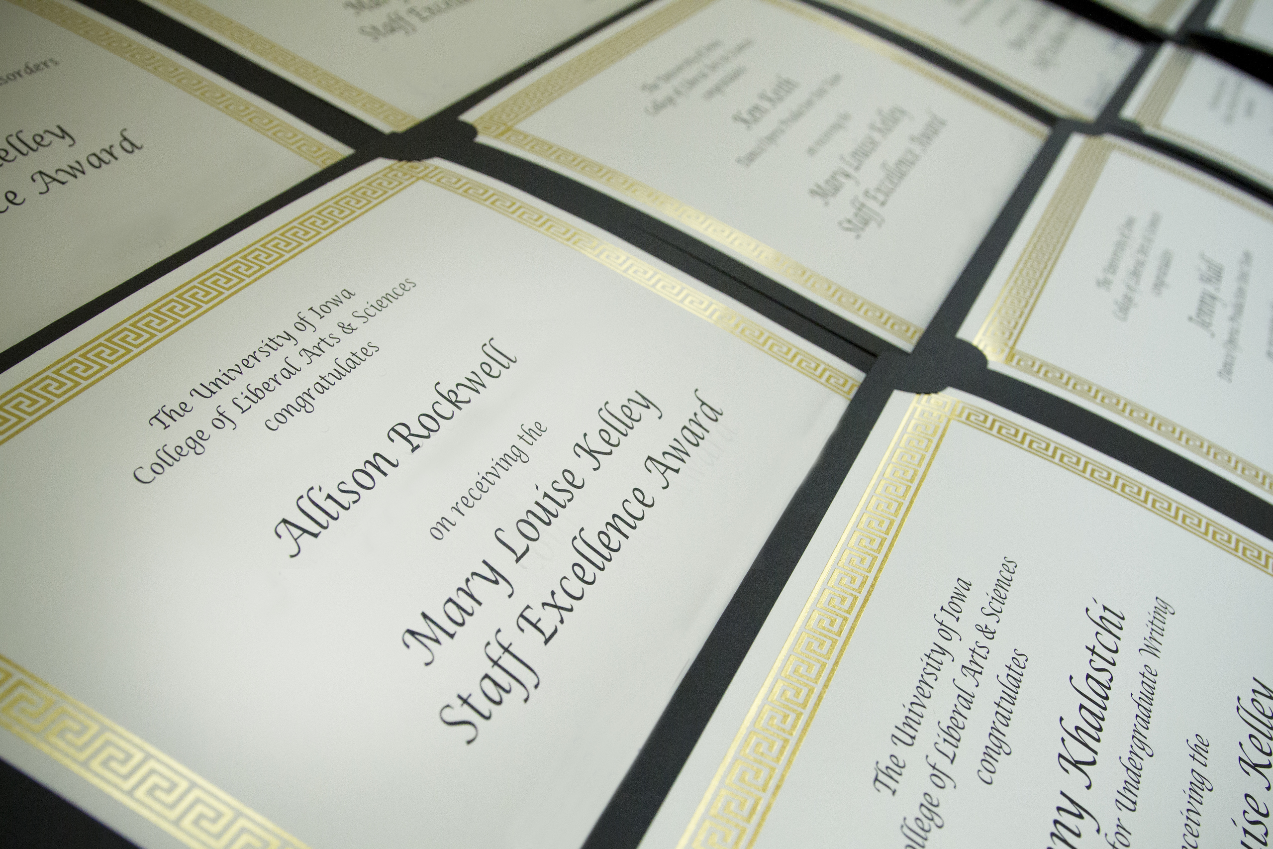 An image of CLAS staff award certificates
